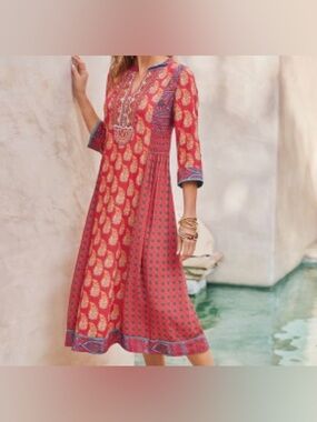 Soft Surroundings Dress Phoenix Midi Embroidered Smocked Boho Cottage Sz XS / Sm